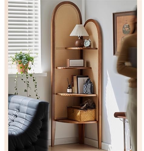 Corner Shelf Display Shelf 4 Tier Corner Shelf Wooden Corner Bookshelf Rattan Weaving Bookcase and Plant Stand for Living Room Bedroom Corner Bookshelf Corner Shelves(Log)