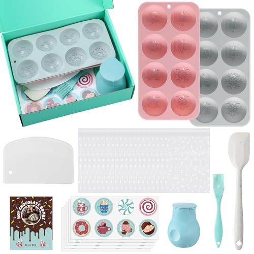 Zhehao 27 Pcs Christmas Hot Chocolate Bomb Making Set, Include Silicone Mold, Spatula, Scraper, Brush, Silicone Melting Jar with Lid, Gift Bags, Decorative Stickers and a Recipe for Christmas Baking
