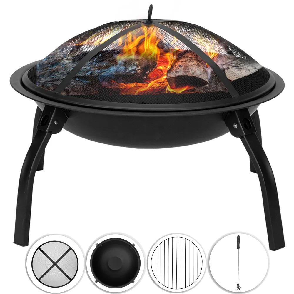 22'' Raised Fire Pit for Outside, Wood Burning Fire Pit with Foldable legs Lid Pok Grill for, Small Portable Bonfire Firepit Bowl Backyard Garden Camping Picnic Heating