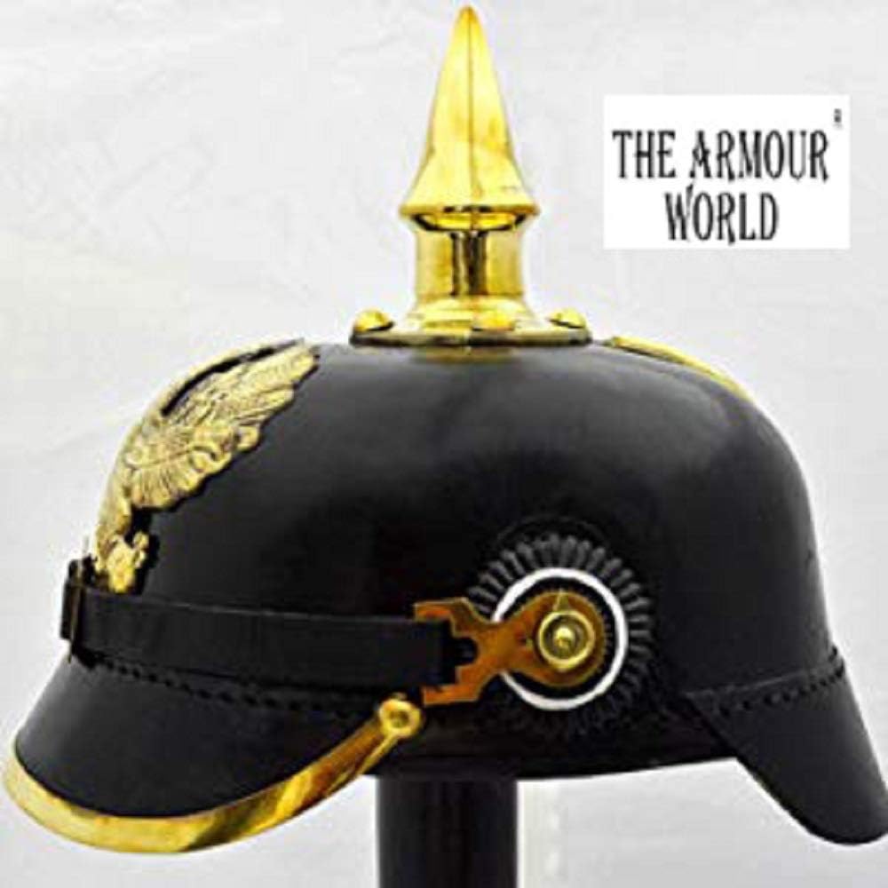 German Pickelhaube Helmet | Leather Pickelhaube Imperial Prussian Helmet | Brass Military Officer Spiked Men’s Costume | WWI & WWII Helmets Replica LARP Re-Enactment Party Cosplay Cos
