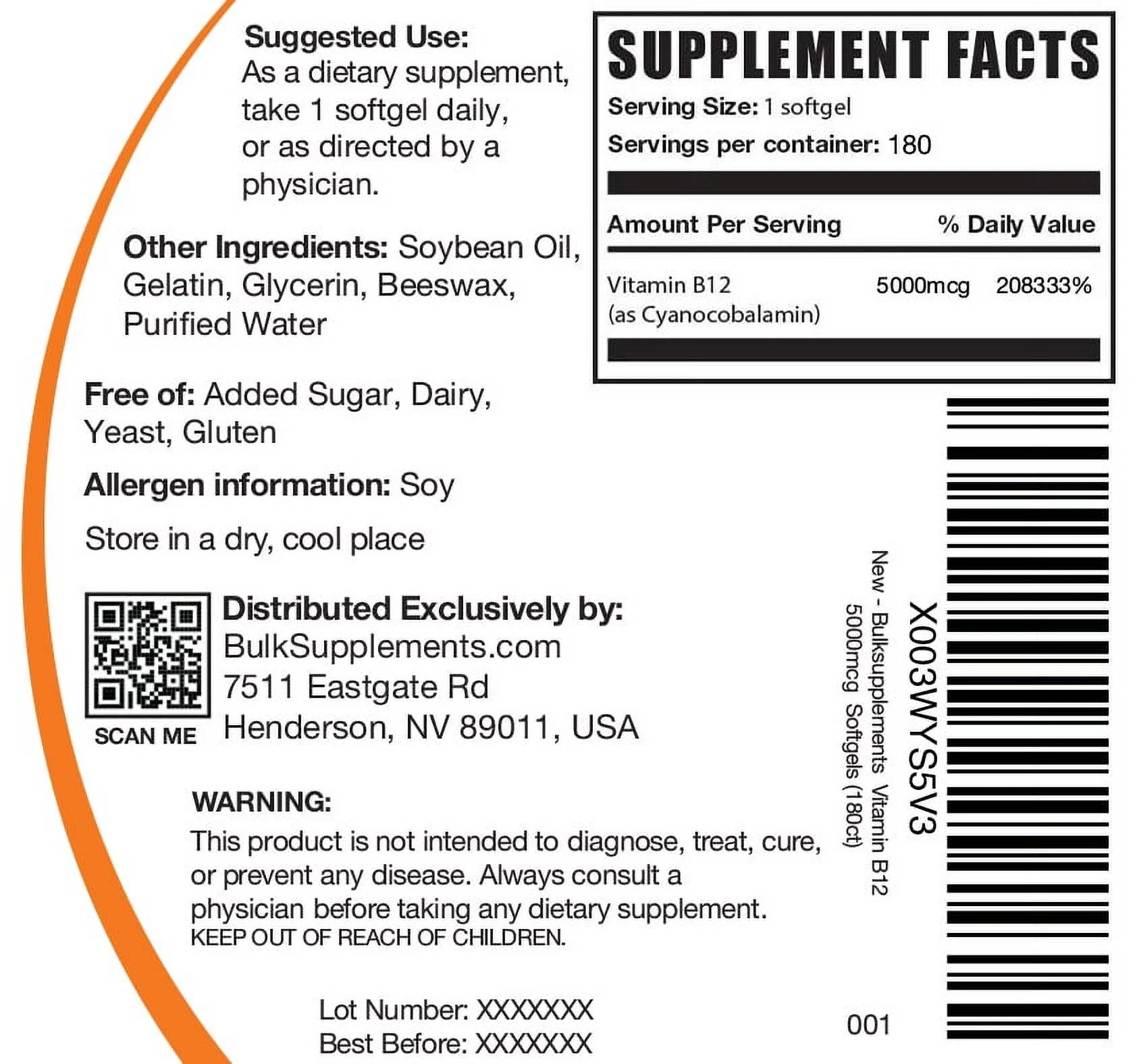 BulkSupplements.com Vitamin B12 Softgels, 5000mcg - Cyanocobalamin B12 Supplements (180 Softgels - 180 Servings)