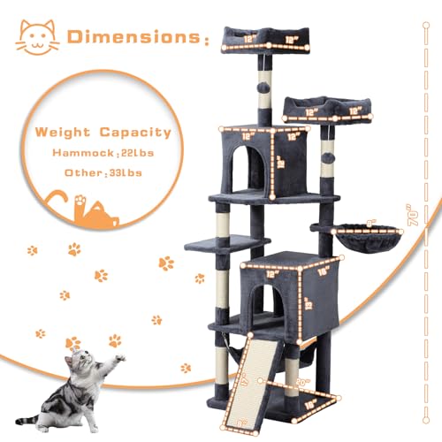 Cat Tree, 70-Inch Cat Tree Tower with Hammock, Scratching Post, Condo and Multi-Level Cat Tower, Large Cat Activity Center Playhouse, Light Gray LCT015