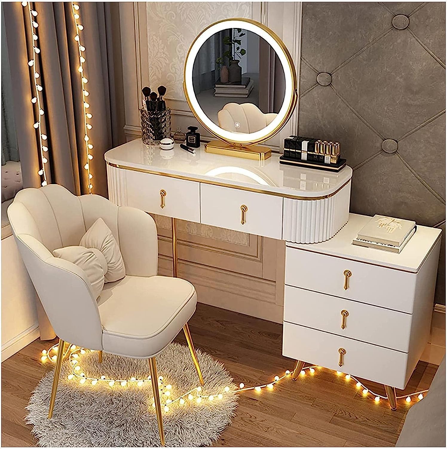 Vanity Table Vanity Desk Modern Vanity Desk with Mirror Dressing Table 5 Drawers Nightstand with Stainless Steel Legs Vanity Table with Back Chair Gorgeous
