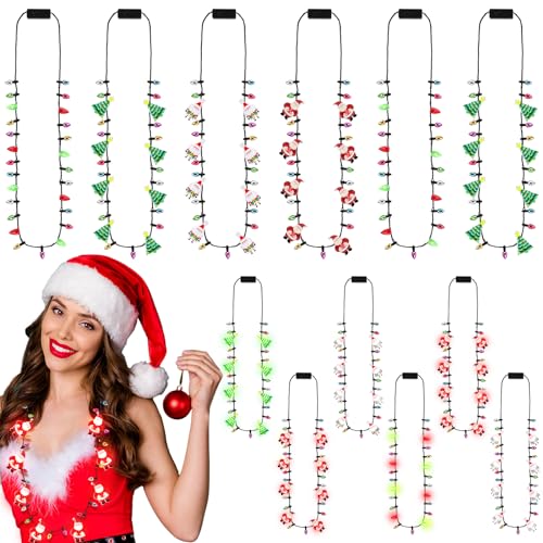 Remuuly 12 Pcs Christmas Light Necklace Xmas Glow Bulbs, Christmas Light up Jewelry LED Mini Bulbs LED Necklace for Kids Girl Ugly Party Favors Birthday Xmas (Fresh)