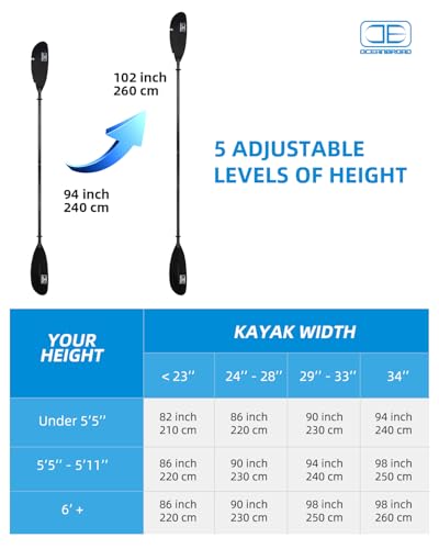 OCEANBROAD Adjustable Fishing Kayak Paddle - 94in/240cm-98in/250cm-102in/260cm Aluminum Alloy Shaft with Paddle Leash
