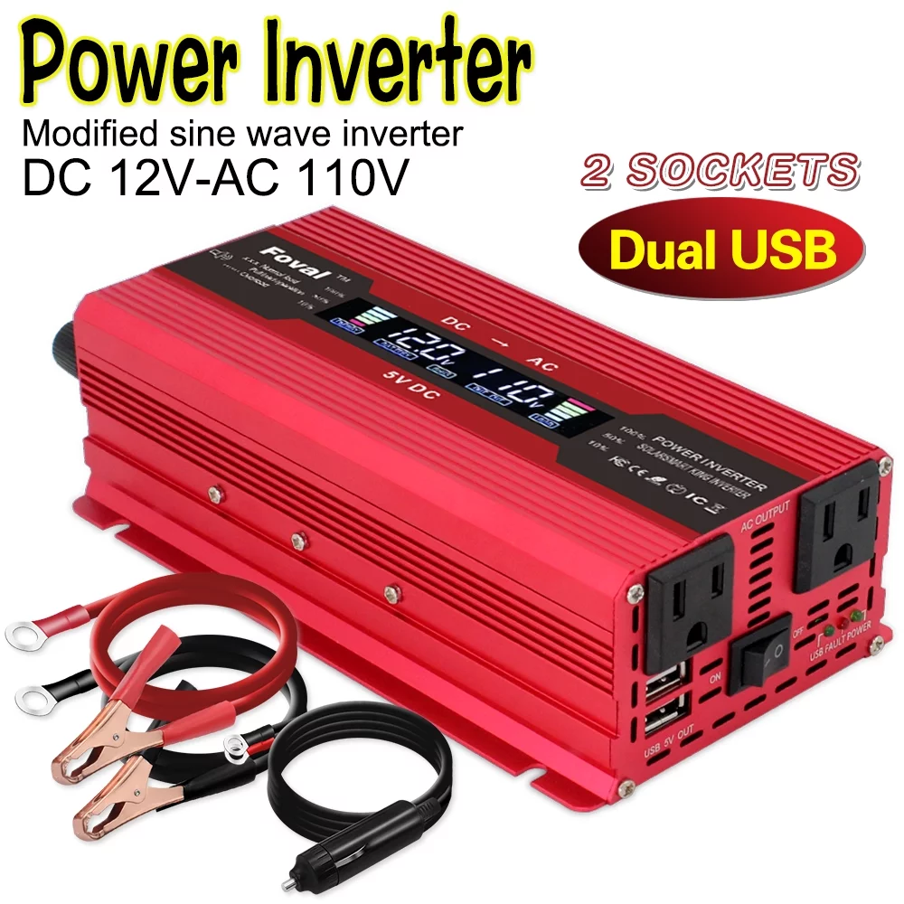 LVYUAN 800 Watts Power Inverter Modified Sine Wave Car Converter Charger Adapter 2USB DC 12V to AC 110V 120V LCD Display Red