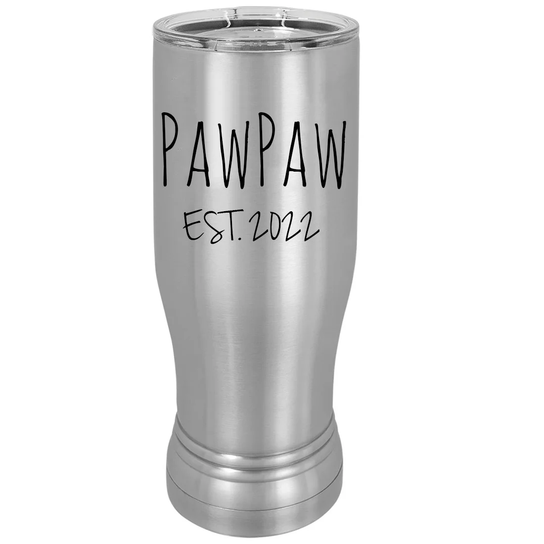PawPaw Est. 2022 Established 20 oz Silver Stainless Steel Double-Walled Insulated Pilsner Beer Coffee Mug with Clear Lid