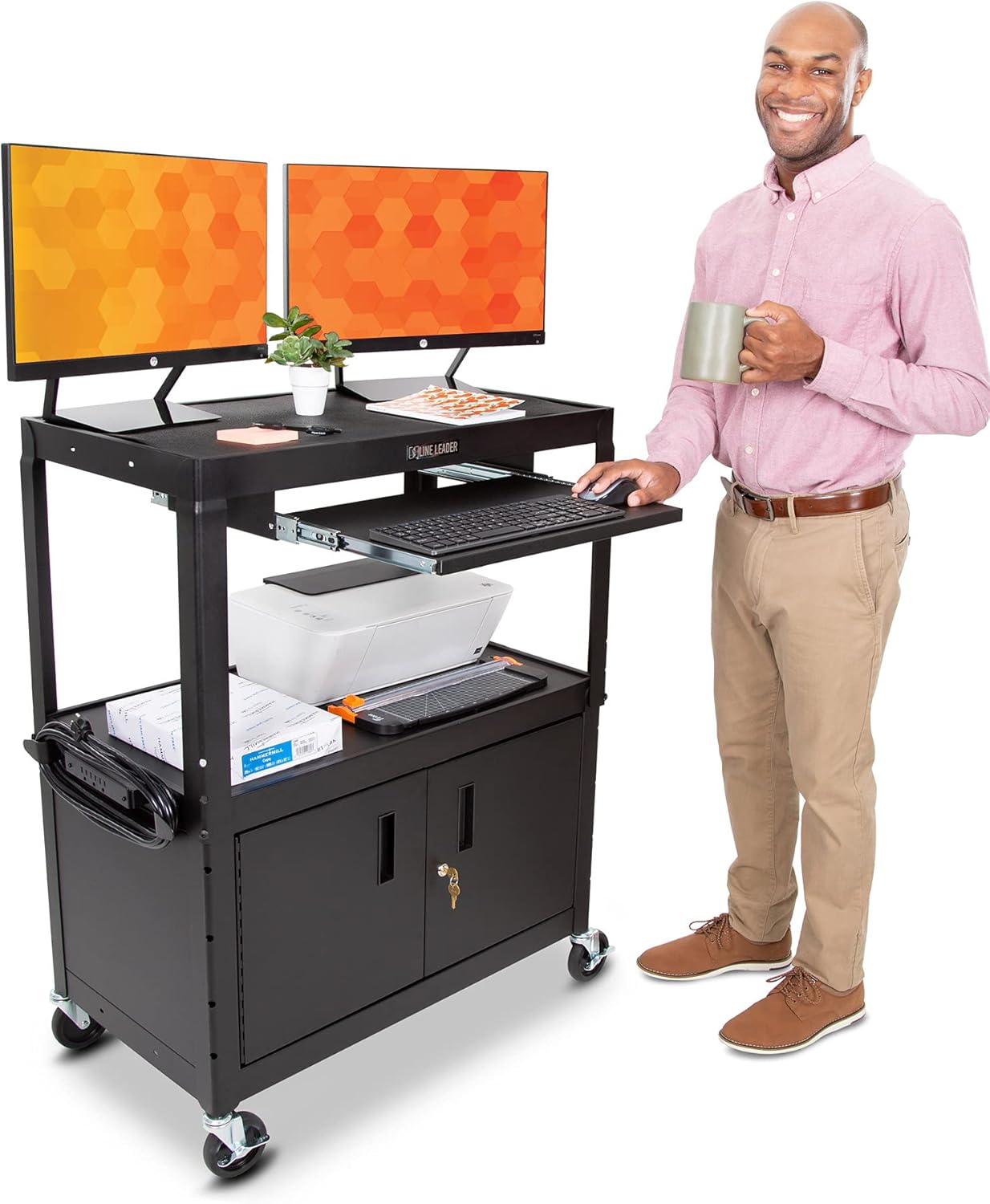Line Leader Large AV Cart with Locking Cabinet | Height Adjustable Utility Cart | Includes Pullout Keyboard Tray & Cord Management | Easy Assembly (32in x 18in x 42in / Black)