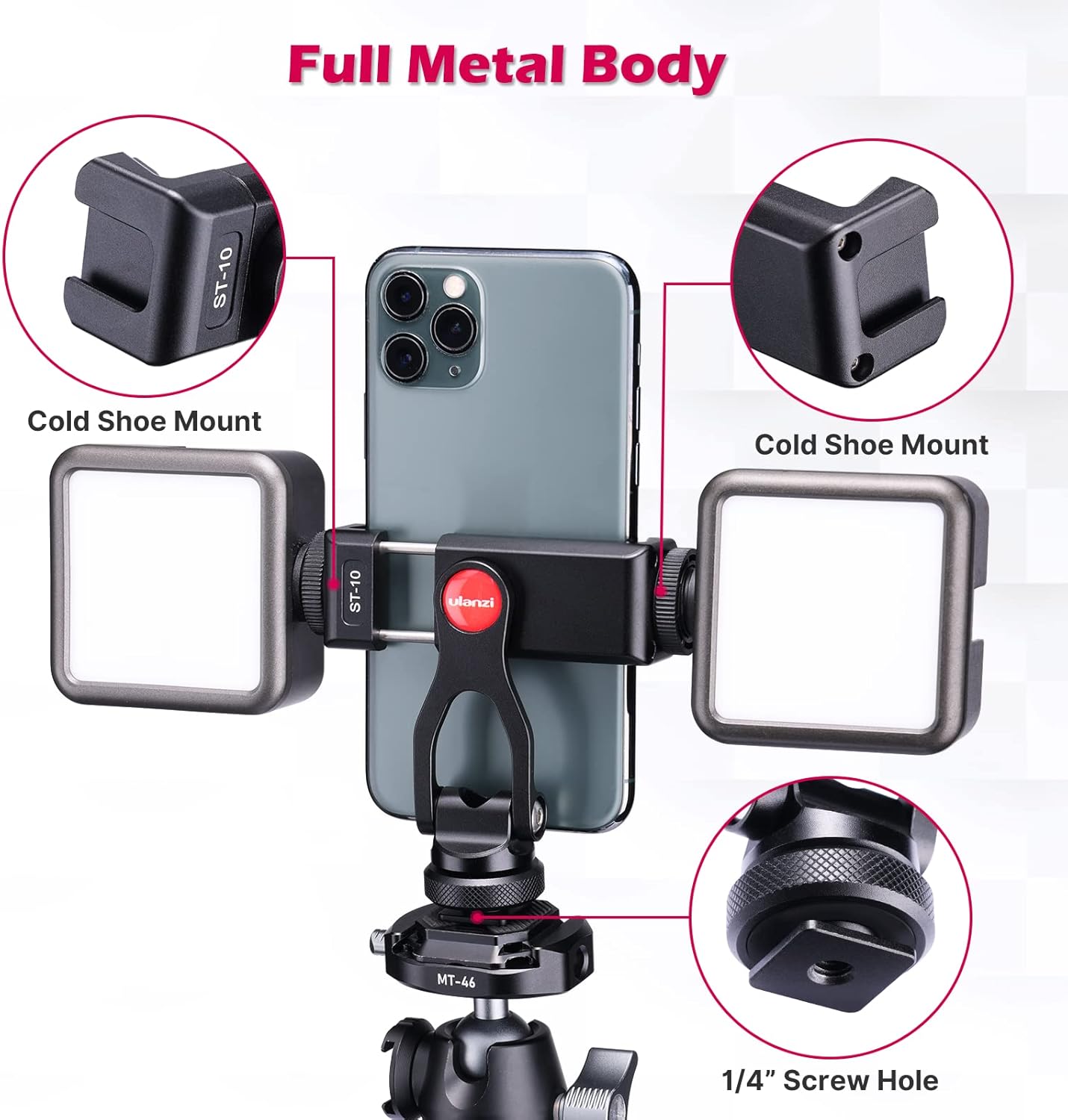 ULANZI Metal Phone Tripod Mount ST-10, Universal 360° Smartphone Adapter with 2 Cold Shoe Mount, Adjustable Cell Phone Clamp Stand Holder, Compatible with iPhone, Samsung Galaxy and All Phones