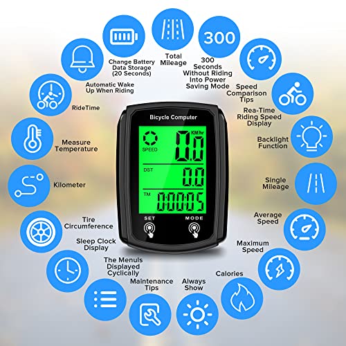 Bike Computer and Bicycle Odometer Wired KM/H Bike Speedometer with Automatic Wake-Up Cycling Speed Tracker LCD Display & Single Mileage & Multi-Functions & Calories Statistics Accessories
