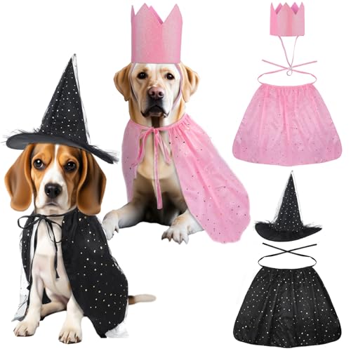 4 Pcs Halloween Witch Pet Costume Witch Cloak, Hat and Crown Set Cats and Dog Pet Wizard Hat and Cloak Costume for Medium & Large Dogs Halloween Party Supplies