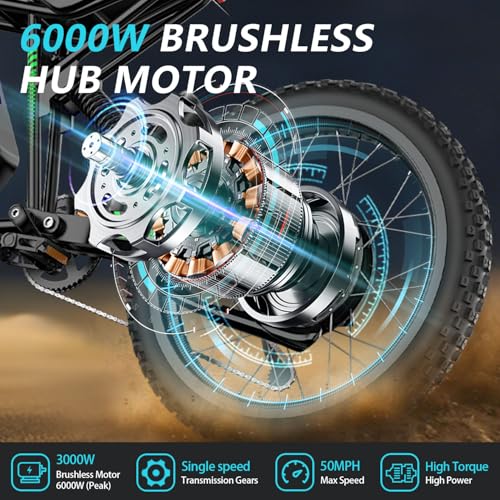 50MPH/40MPH Electric Bike for Adults, 4000W/6000W Electric Dirt Bike with 60V25Ah Battery, Max 50Miles, Dual Hydraulic Brake, Full Suspensions Ebike for Teens, 19'' Motorcycle Tire