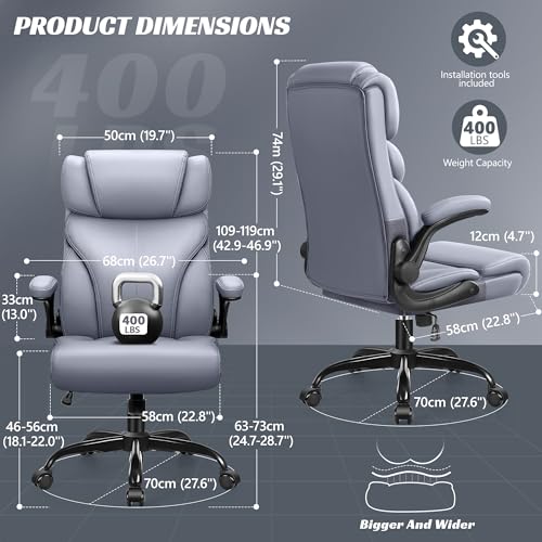 Office Chair, Ergonomic Big and Tall Computer Desk Chairs, Executive Breathable Leather Chair with Adjustable High Back Flip-up Armrests, Lumbar Support Swivel PC Chair with Rocking Function