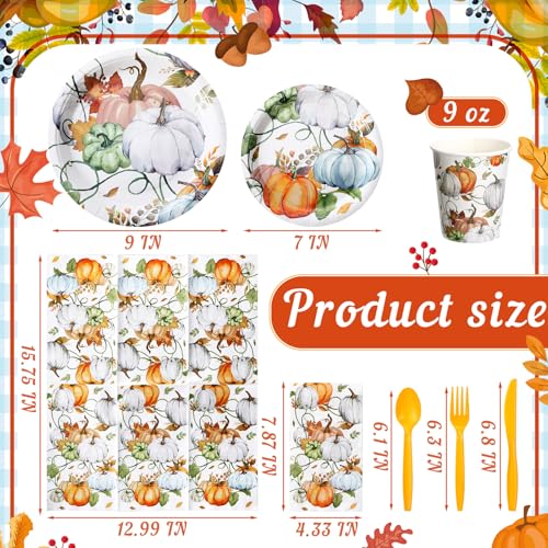 Sinmoe 400 Pcs Fall Party Supplies Dinnerware for 50 Guest Autumn Paper Plate and Napkin Cup Knife Spoon Autumn Pumpkin Leaves Harvest Disposable Thanksgiving Party Tableware (Yellow,Fall Pumpkin)
