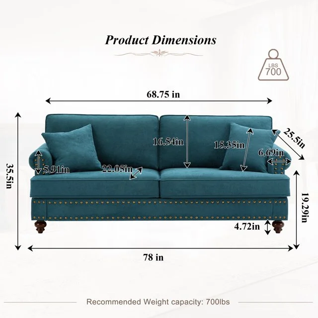 Muumblus 2 Pieces Chenille Living Room Sets with Nailhead, 2 Seater Loveseat Sofa and 3 Seater Sofa Couch, Lake Green