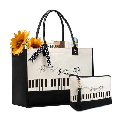 BeeGreen Mother's Day Gifts Personalized Women's Large White and Black Canvas Tote Bag, Embroidered Initials, Leather Handle, Zipper Closure