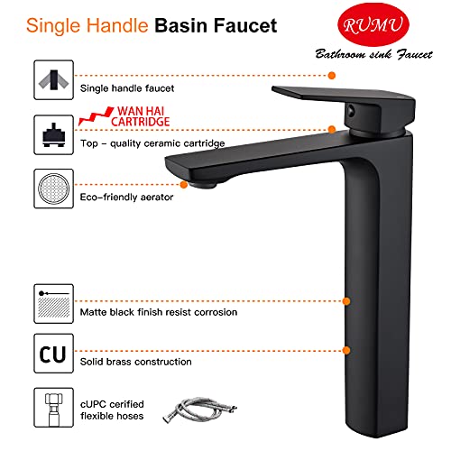 VOTON Vessel Sink Faucet Matte Black Tall Bathroom Faucet Single Handle Vanity Bathroom Sink Faucet 1 Hole Basin Mixer Tap with Water Supply Hose and Pop Up Sink Drain