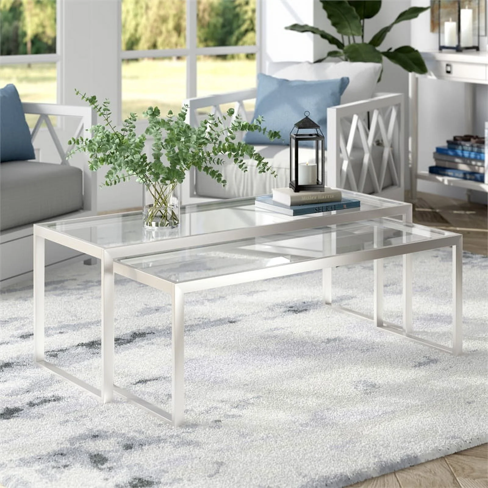 Pemberly Row Metal Rectangle Nested Coffee Table in Gray with Glass Top
