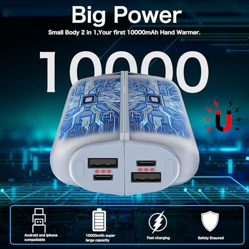 Hand Warmers Rechargeable 2 Pack,10000mAh Split-Magnetic Electric AI Handwarmer Power Bank,3 Levels, Camping,Hunting in Winter