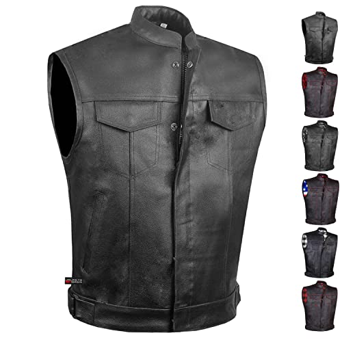 SOA Men's Leather Motorcycle Concealed Gun Pockets Biker Club Vest w/Armor