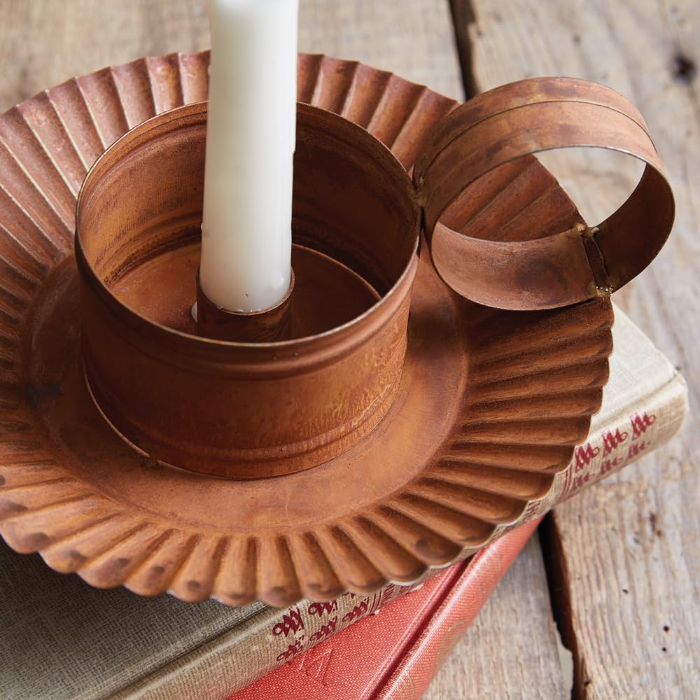 Colonial Tin Works Rustic Chamberstick Candle Holder with Glass Hurricane, 9.25-inch Height, Home Decoration