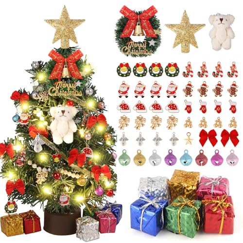 Mini Christmas Tree with Light 12 Inch Table Top Xmas Tree with Hanging Ornaments Gift Boxes Star Treetop Xmas Wreath Small Artificial Winter Tree for DIY Christmas Decorations