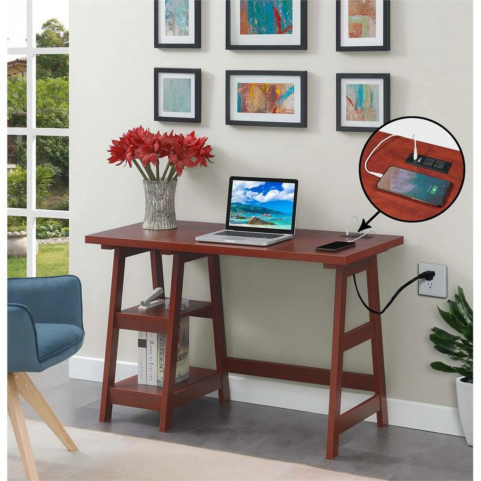 Pemberly Row Trestle Desk w/ Charging Station in Cherry Wood Finish w/ Shelves