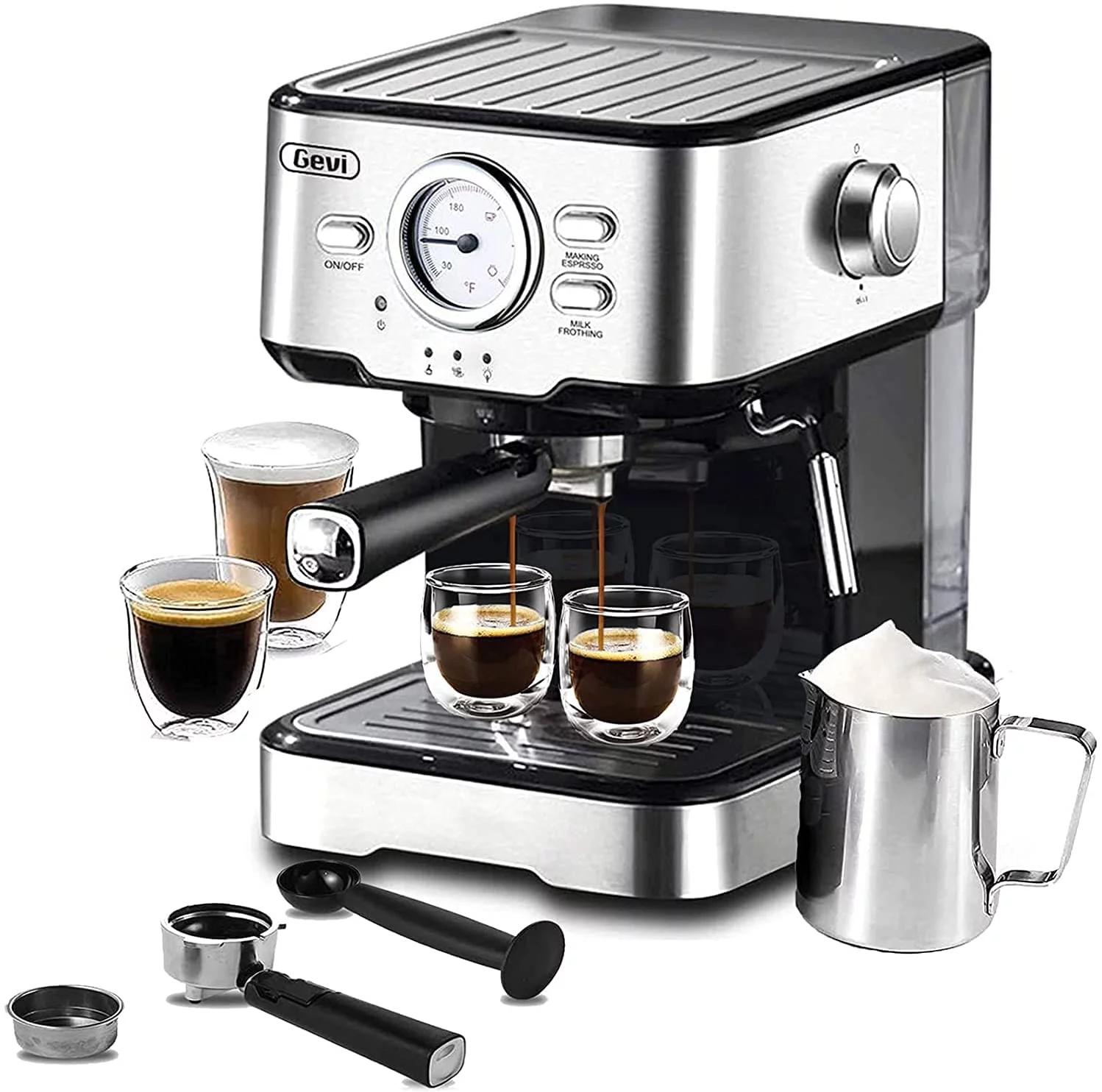Pre-Owned GEVI Black 15 Bar Espresso Machine Cafe Steam Maker, 50.73 OZ Capacity (Fair)