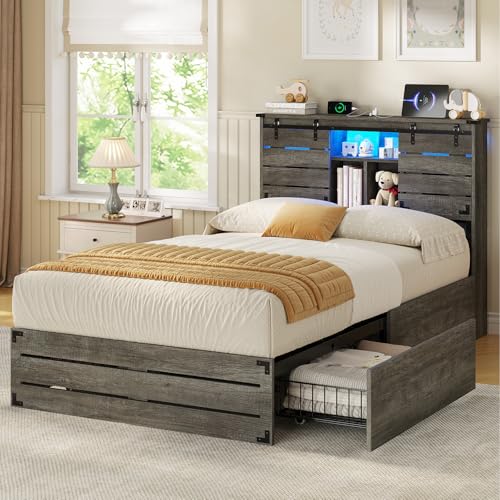 VIAGDO Wooden Bed Frame Queen Size with Bookcase Headboard and Sliding Barn Door, Farmhouse Queen Bed Frame with Charging Station, LED Lights and 4 Storage Drawers, No Box Spring Needed, Grey