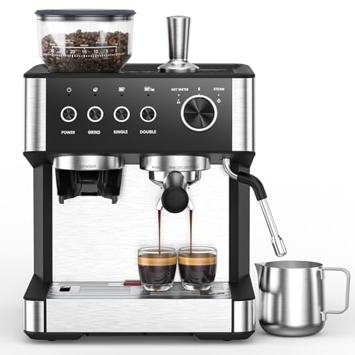 Espresso Machine with Grinder, 20 Bar Expresso Coffee Machines with Milk Frother Steam Wand, Professional Espresso Maker with Removable Water Tank, Cappuccino & Latte Machine for Home