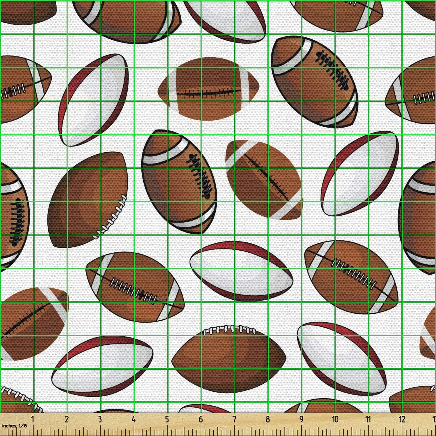 Ambesonne American Football Fabric by The Yard, Classic Design Rugby Balls in Cartoon Style Sports Competition, Decorative Fabric for Upholstery and Home Accents, 1 Yard, Caramel Ruby White