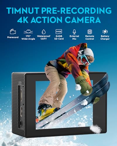 Action Camera 4K30fps with 64G SD Card,HD Waterproof Camera 131ft Underwater Cameras 20MP Pre-recording WiFi Camera 170° Remote Control Sports Cameras with 2 Batteries Helmet Mount Accessories Kits