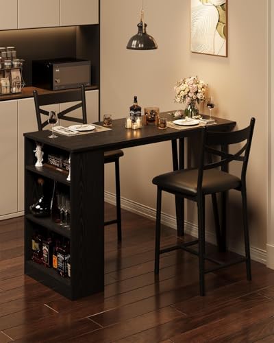 GAOMON 3 Piece Bar Table Set for 2, Bar Table and Chairs Set with with Flip Top Extension, Dining Table Set with Storage Shelves, Suitable for Small Space Kitchen Apartment, Grey