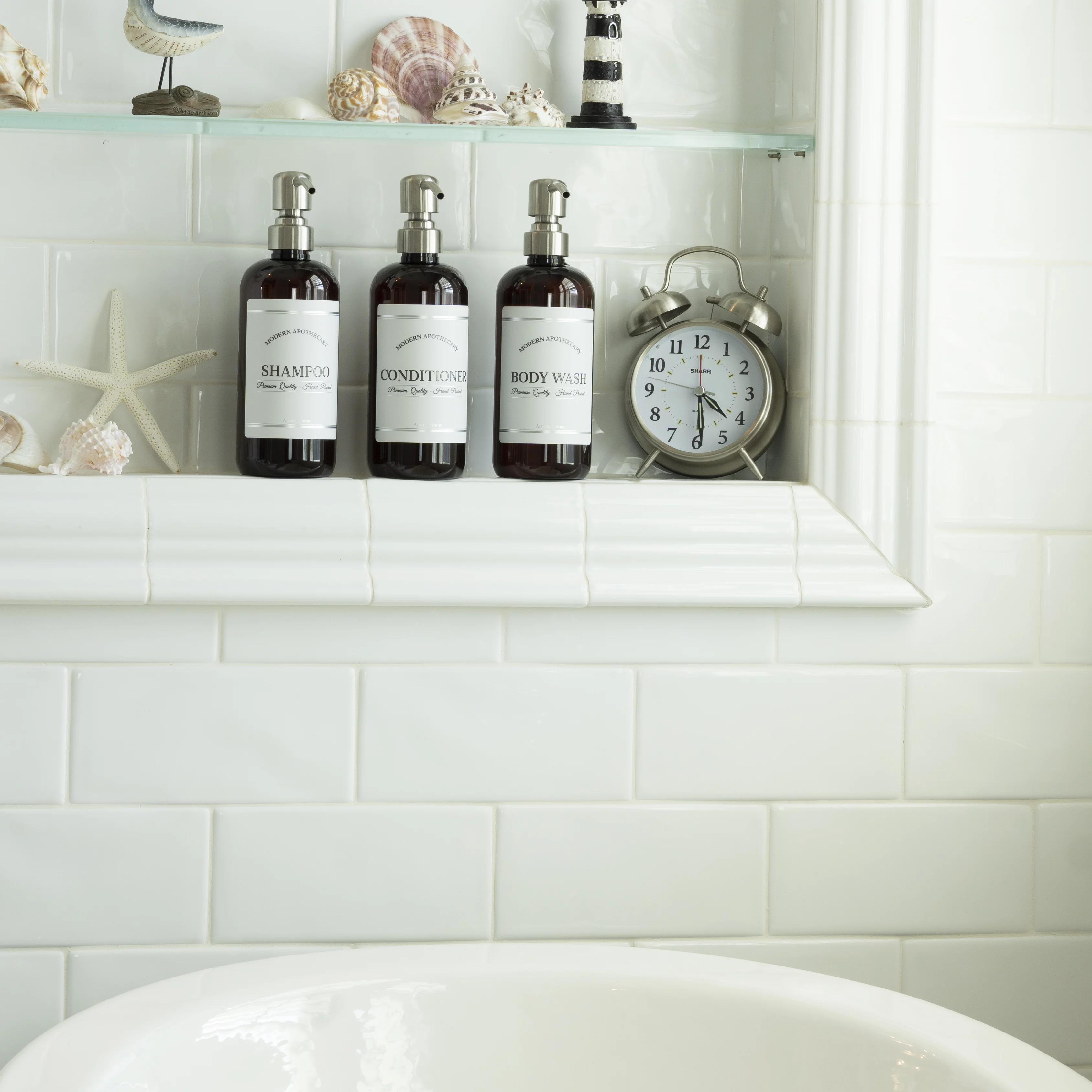 Artanis Home Amber Refillable Body Wash, Shampoo and Conditioner Bottles - PET Plastic Shampoo Bottles with Stainless Steel Pumps and 