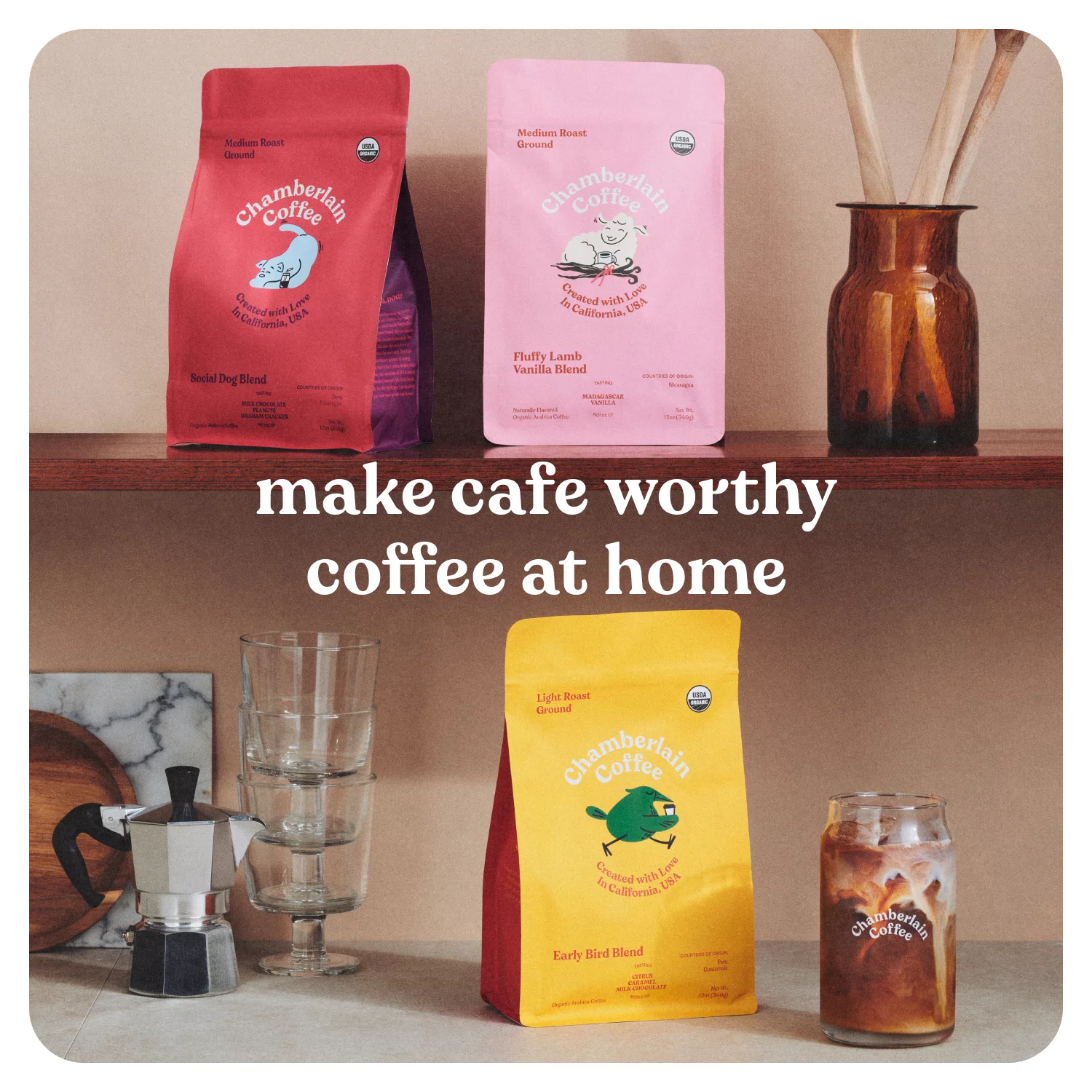 Chamberlain Coffee, Fluffy Lamb Vanilla Medium Roast Grounds Bag, Naturally Caffeinated, 12 oz