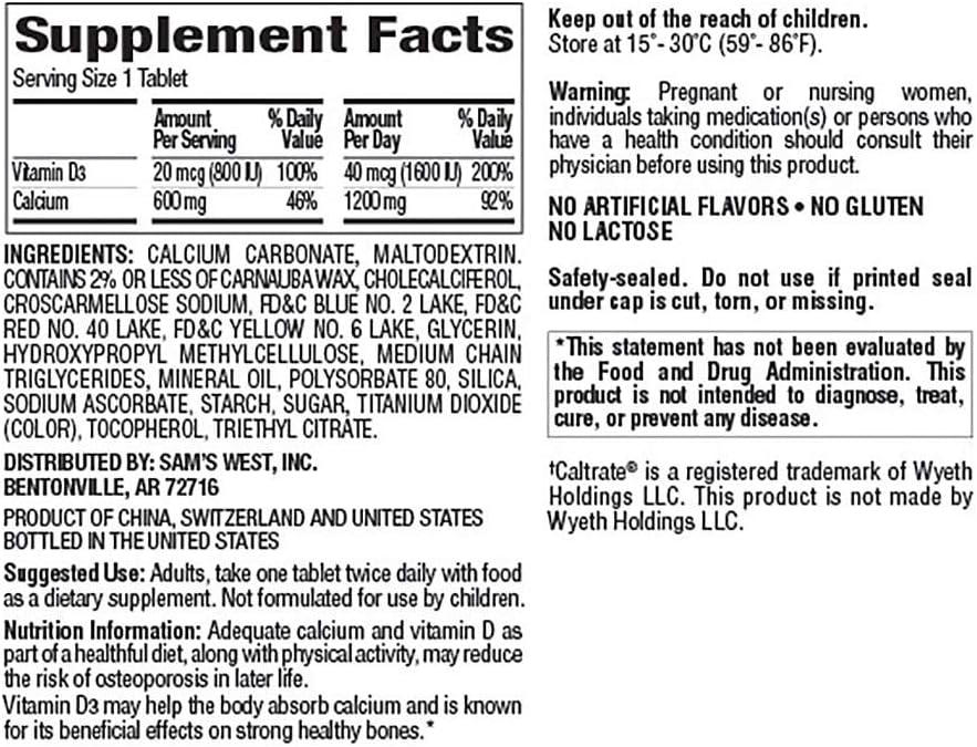Member's Mark Calcium 600 + D3 Dietary Supplement - 600 ct.