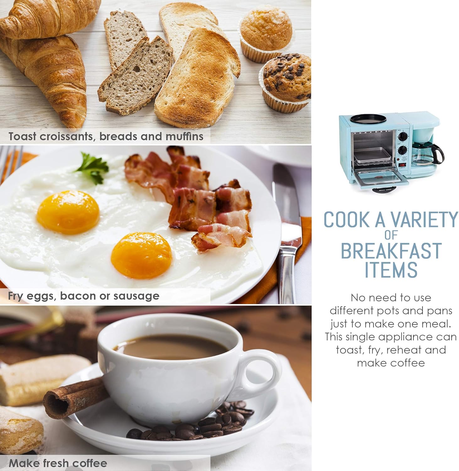 Americana EBK-200BL Retro Nostalgia 3-in-1 Breakfast Maker Station, 4 Cup Coffeemaker, Toaster Oven with Timer, Griddle, Aqua