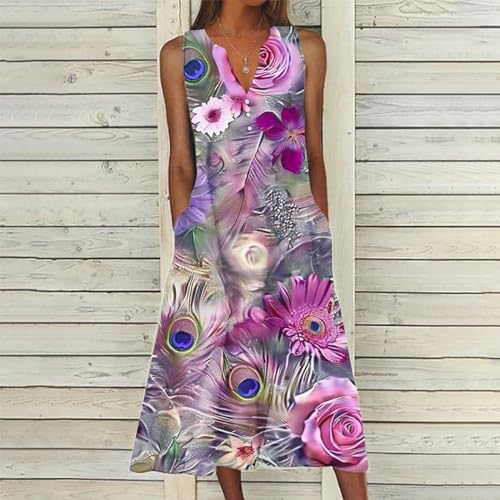 Sundresses for Women 2024 Vintage Ethnic Floral Boho Summer Maxi Dress with Pockets Buttons V Neck Tank Beach Dress