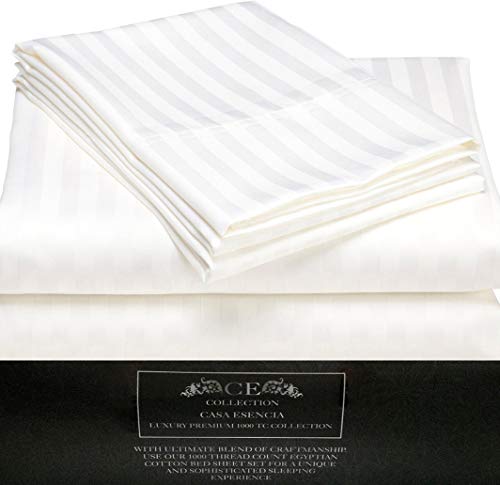 CASA ESENCIA 100% Egyptian Cotton Sheets King Size – 1000 Thread Count White Striped King Bed Sheet – 4 Piece Bedding Set - Extra Deep Pocket Fits Upto 17” – White Stripe Hotel Luxury Sheets