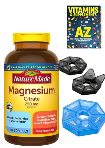 Nature Made Magnesium Citrate 250 mg Dietary Supplement 180Count Softgels+Better Guide Vitamins Supplements Book Free Include + Pill Organize Free