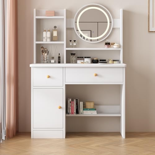 Vanity Desk with Mirror and Lights, 3 Lighting Modes, European Style Dressing Table with Drawers, with Open Storage Shelves,Makeup Vanity Table for Bedroom,Gifts for Girls and Women, White