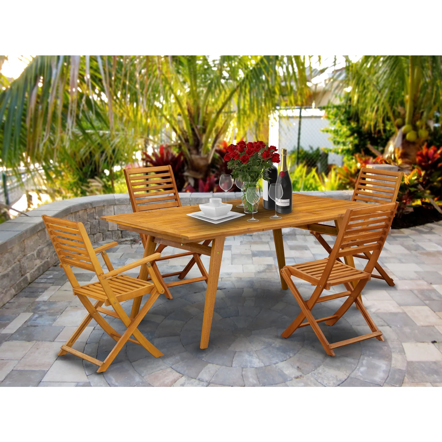 East West Furniture Denison 5-piece Wood Outdoor Dining Set in Natural Oil