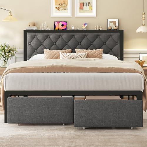 Queen Bed Frame with 2 Storage Drawers, Upholstered Headboard Button Tufted Bed Frame with Charging Station, No Box Spring Needed, Noise-Free, All Metal Structure, Grey