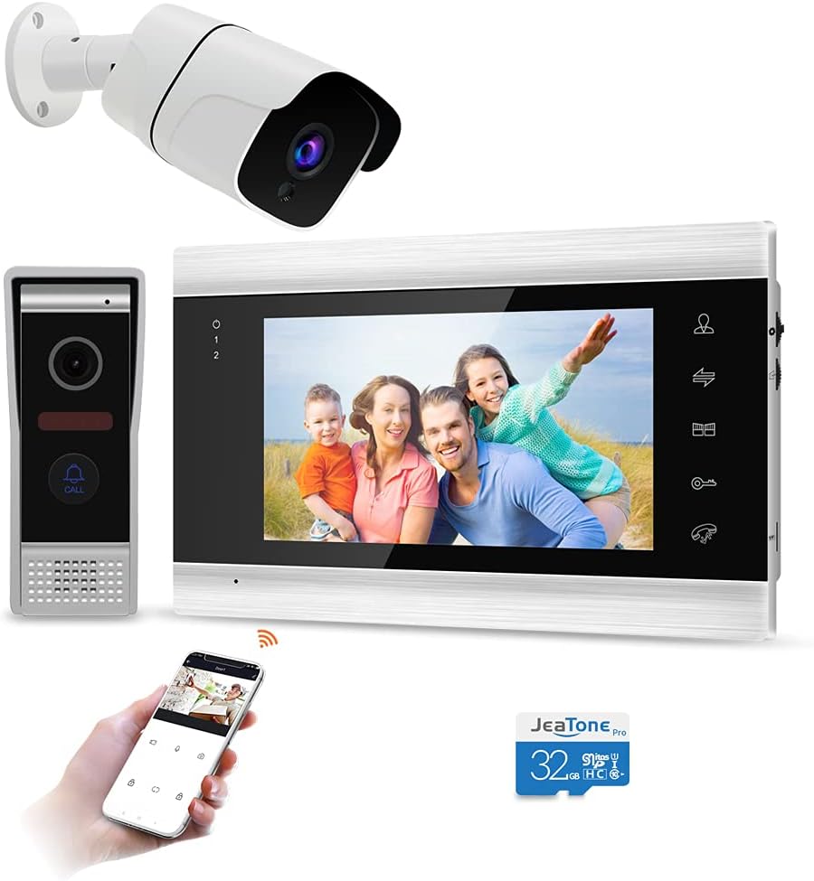 JeaTone Wireless Wifi Smart IP Doorbell with Camera and Monitor,7 Inch with 1200TVL 32GB SD Card Wired Doorbell Camera for home security set,Night Vision,Support Smartphone Remote unlock