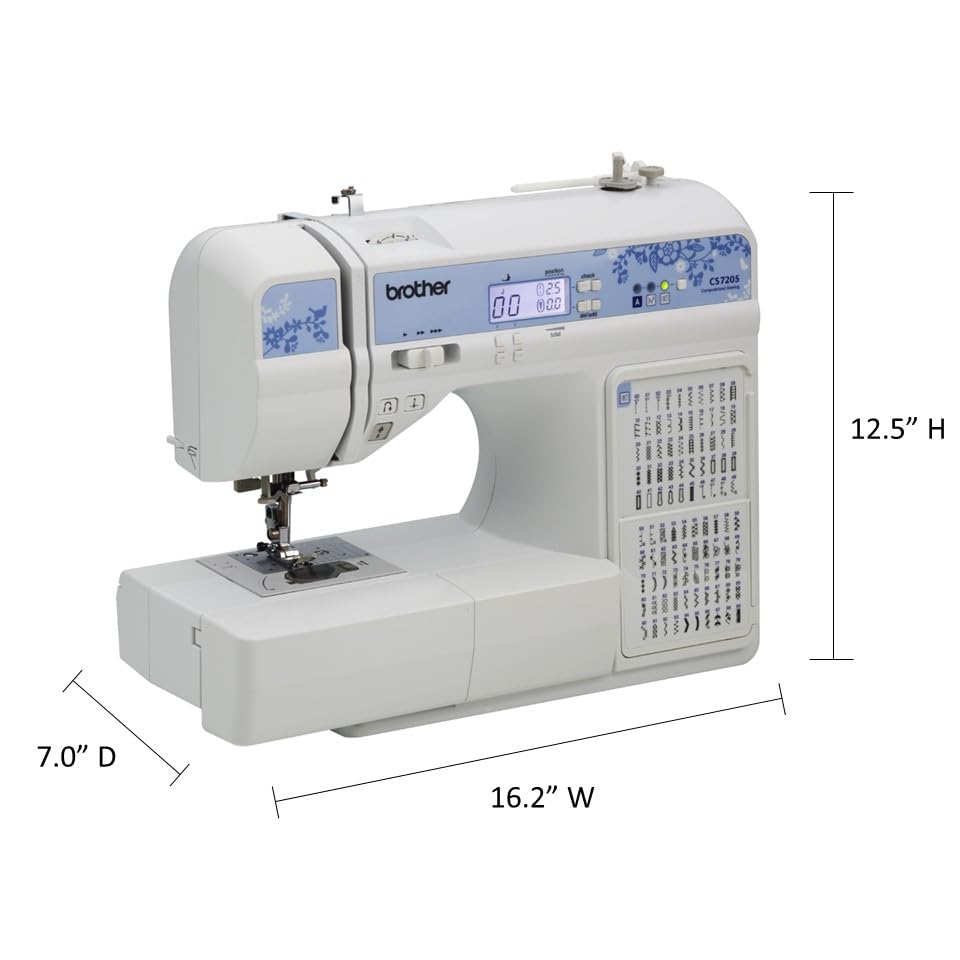 Brother CS7205 Computerized Machine, 150 Built Stitches, 1 Font, Wide Table, 11 Sewing Feet, White