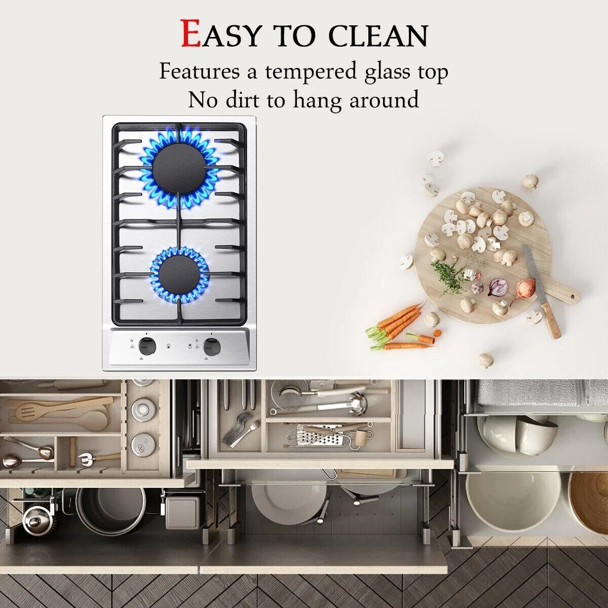 2-Burners Gas Cooktop 12 inch Stainless Steel Kitchen Gas Hob NG/LPG Convertible Built-In Integrated