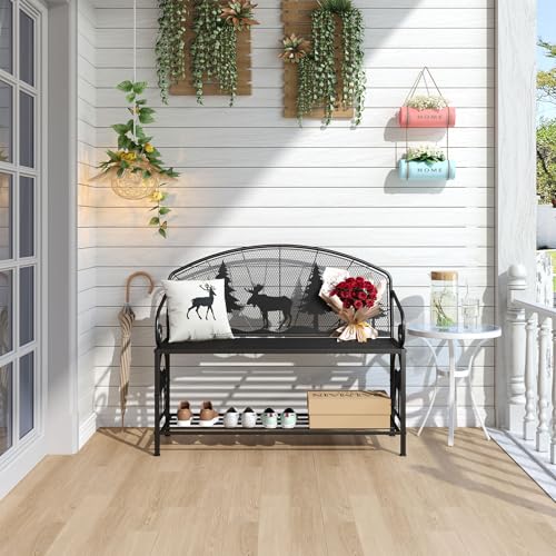 Outdoor Bench, Garden Bench with Backrest and Armrests, Patio Bench with Forest Series Pattern, Anti- Rust Thickened Metal Bench Outdoor for Garden, Yard, Patio, Porch, Lawn and Park