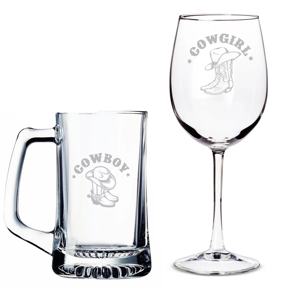 Cowboy Beer Mug and Cowgirl Wine Glass Set