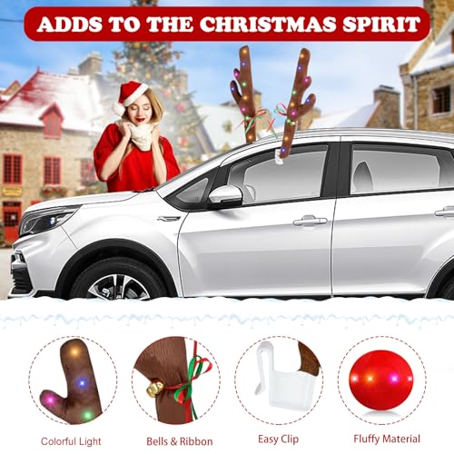 Reindeer Nose for Cars with Lights, Car Reindeer Antlers & Nose for Window Roof-Top & Front Grille with Jingle Bells, Antlers for Cars Compatible with Car, SUV, Jeep, Truck