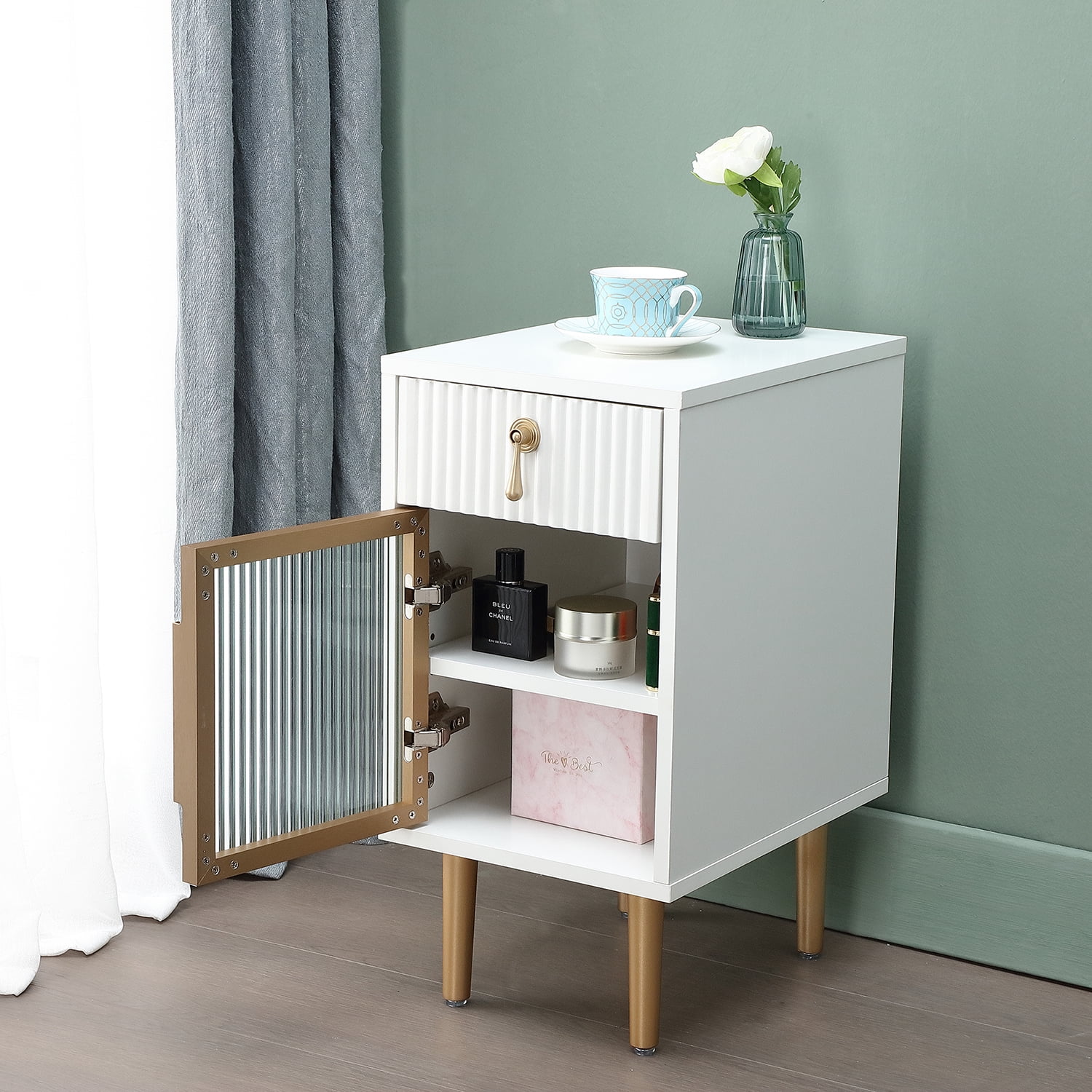 Narrow Nightstand with Drawer for Bedroom Modern Night Stand Bed Side Table, White End Table for Living Room (1PCS)